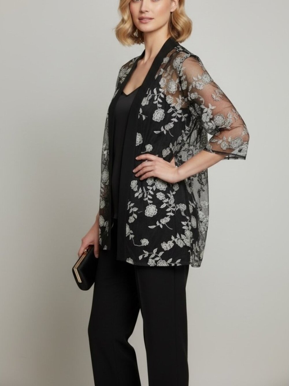 Alex Evenings Black Silver Embroidered Sheer Floral Lace Topper Jacket L